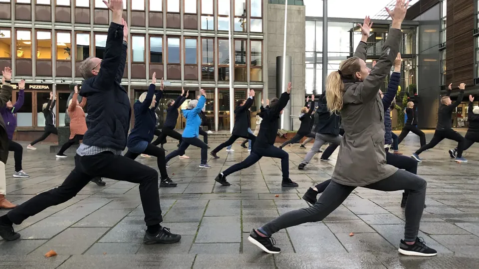 Gruppe af voksne deltager i udendørs funktionel træning med arme løftet over hovedet