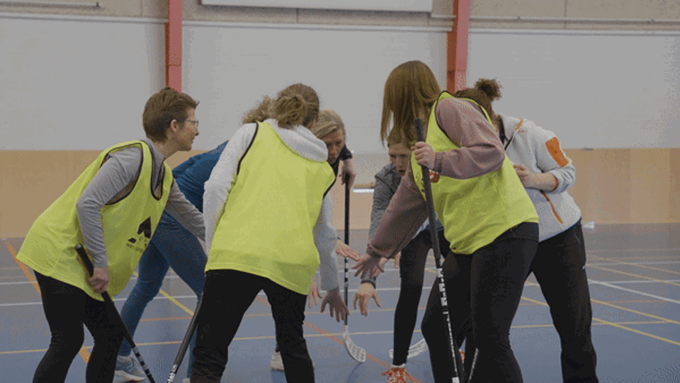 syv-mennesker-laver-kampraab-paa-floorball-bane